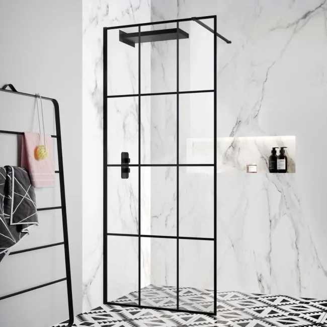 Munich Matt Black Grid Easy Clean 8mm Wet Room Shower Glass Panel 900mm