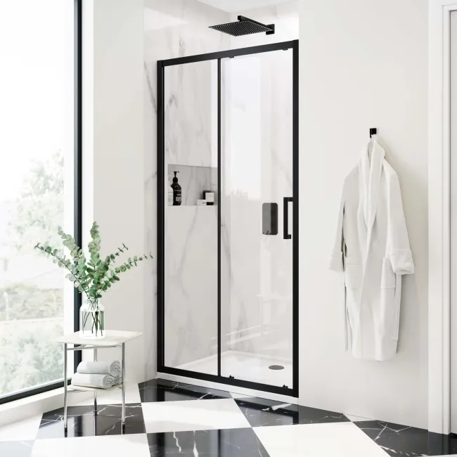 Hamburg Matt Black Easy Clean 8mm Sliding Shower Door 1100mm - Easy Fix Feature