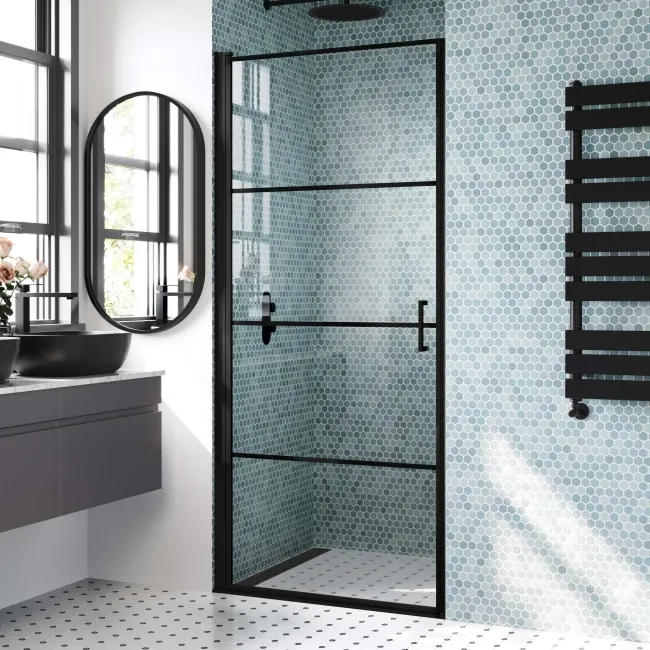 Toulon Matt Black Grid Easy Clean 6mm Pivot Shower Door 900mm