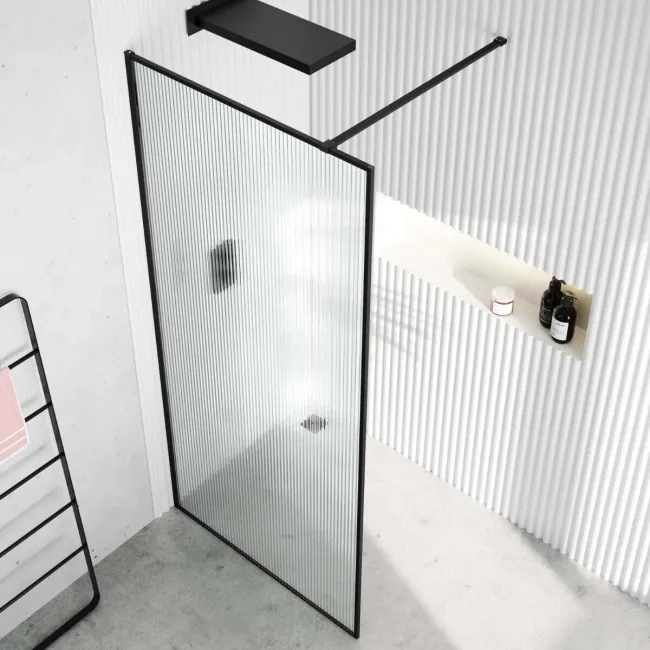 Munich Fluted Effect Matt Black Framed Easy Clean 8mm Wet Room Shower Glass Panel 1000mm