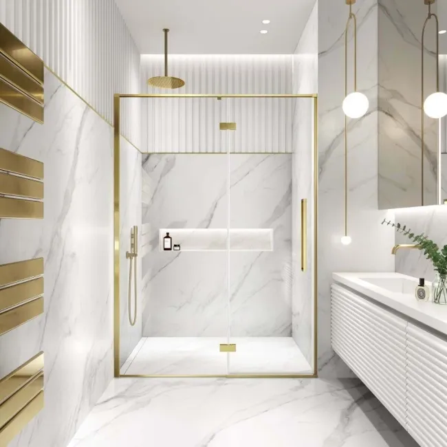 Helsinki Brushed Brass Premium Easy Clean 8mm Hinged Shower Door 1400mm