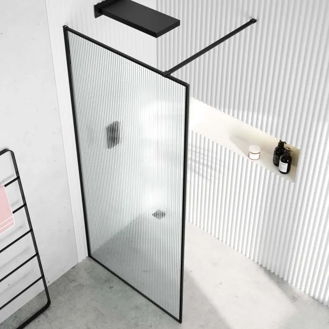 Munich Fluted Effect Matt Black Framed Easy Clean 8mm Wet Room Shower Glass Panel 900mm