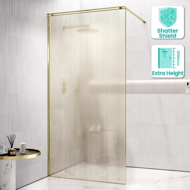 Lyon Brushed Brass 8mm Laminated Wet Room Shower Glass Panel with Gold Mesh Inlay 900mm