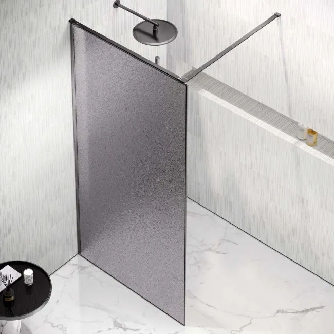 Lyon Gunmetal 8mm Laminated Wet Room Shower Glass Panel with Grey Frost Pattern 900mm