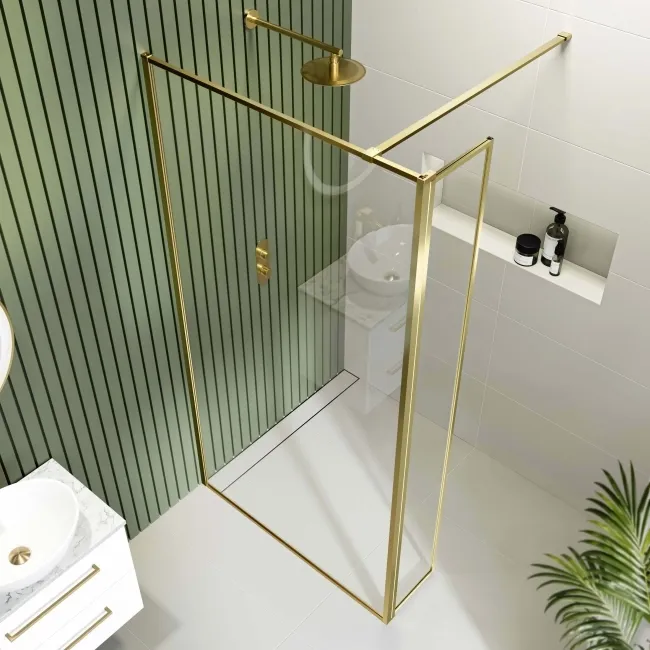 Munich Brushed Brass Framed Easy Clean 8mm Pivotal Wet Room Shower Glass Return Panel 250mm