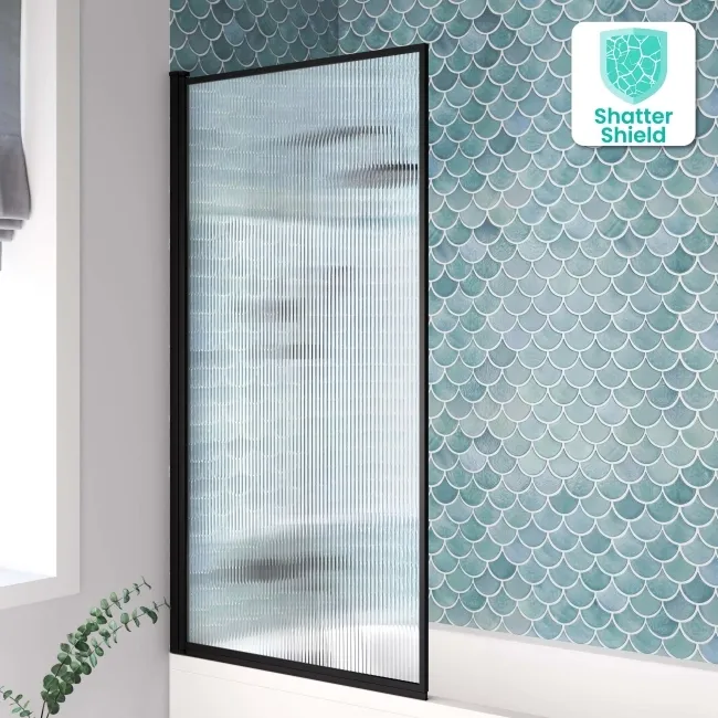 Fiji Easy Clean Fluted Matt Black Framed Bath Screen - 800mm