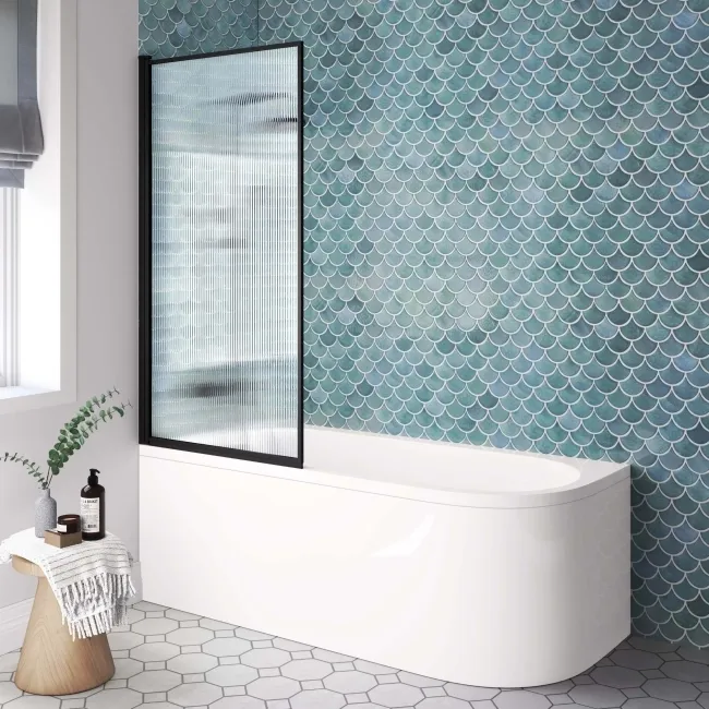 Fiji Easy Clean Fluted Matt Black Framed Bath Screen - 800mm