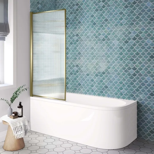 Fiji Easy Clean Fluted Brushed Brass Bath Screen - 800mm