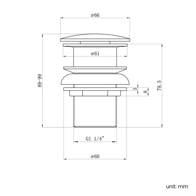 Gunmetal Grey Dome Top Pop Up Basin Waste - Unslotted