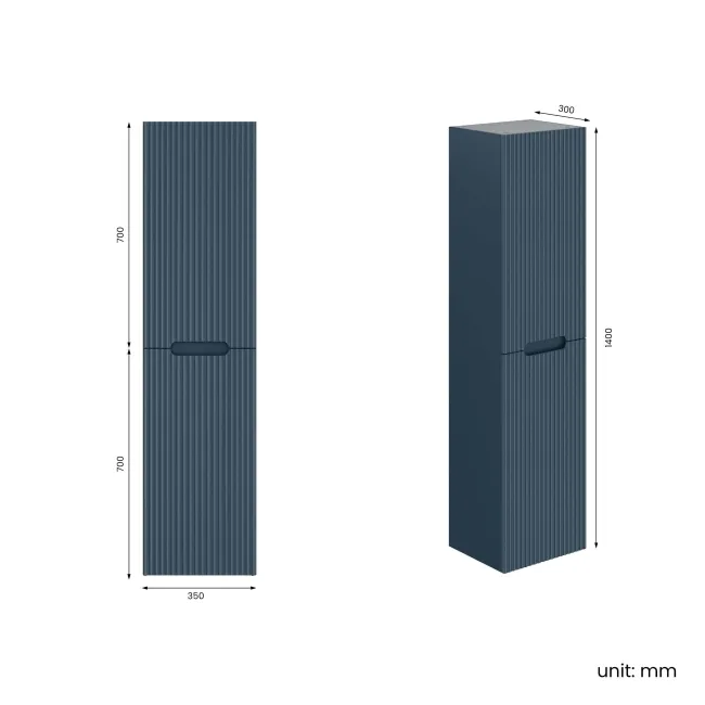 Crete Fluted Navy Blue Wall Hung Tall Cabinet 1400x350mm
