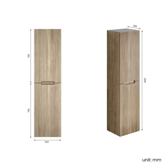 Crete Fluted Apex Oak Wall Hung Tall Cabinet 1400x350mm