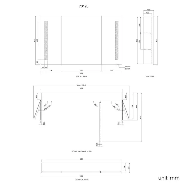 Emielia Battery Operated Illuminated LED Mirror Cabinet 600x1000mm