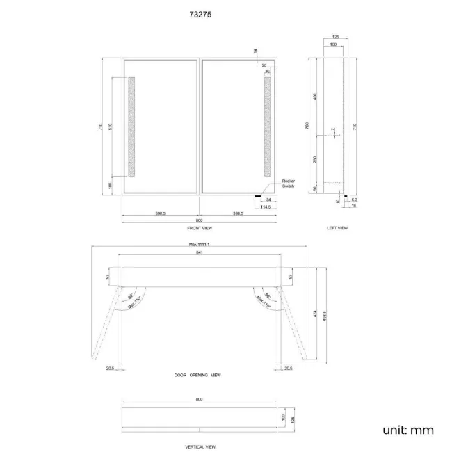 Mia Battery Operated Black Framed Illuminated LED Mirror Cabinet 710x800mm