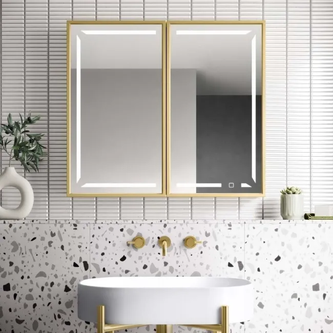 Mia Matt Brass Illuminated LED Mirror Cabinet 710x800mm