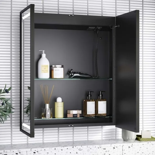 Mia Black Framed Illuminated LED Mirror Cabinet With BLUETOOTH Speaker & USB Port 710x600mm
