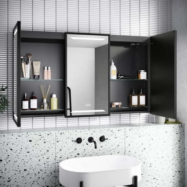 Mia Black Framed Illuminated LED Mirror Cabinet With BLUETOOTH Speaker & USB Port 710x1200mm