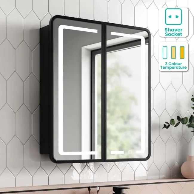 Olivia Black Framed Illuminated LED Mirror Cabinet 710x600mm