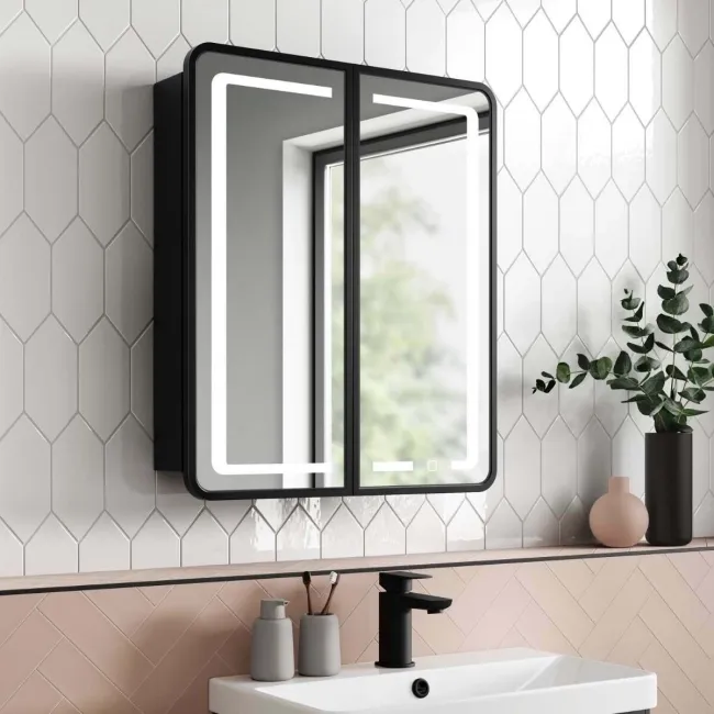 Olivia Black Framed Illuminated LED Mirror Cabinet 710x600mm