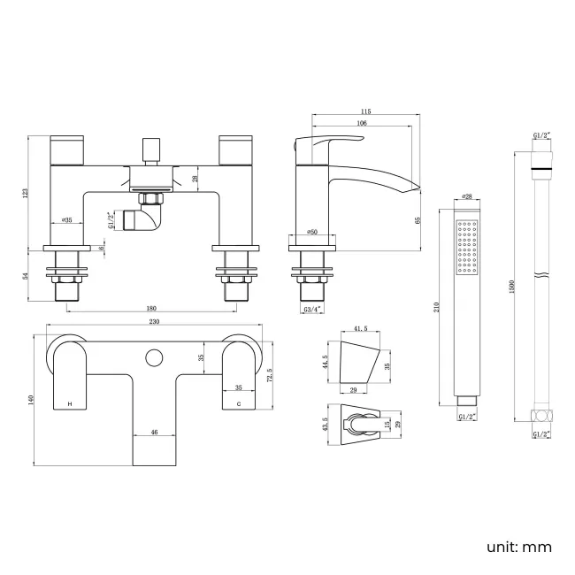 Severn Brushed Brass Basin & Shower Bath Mixer Tap Set