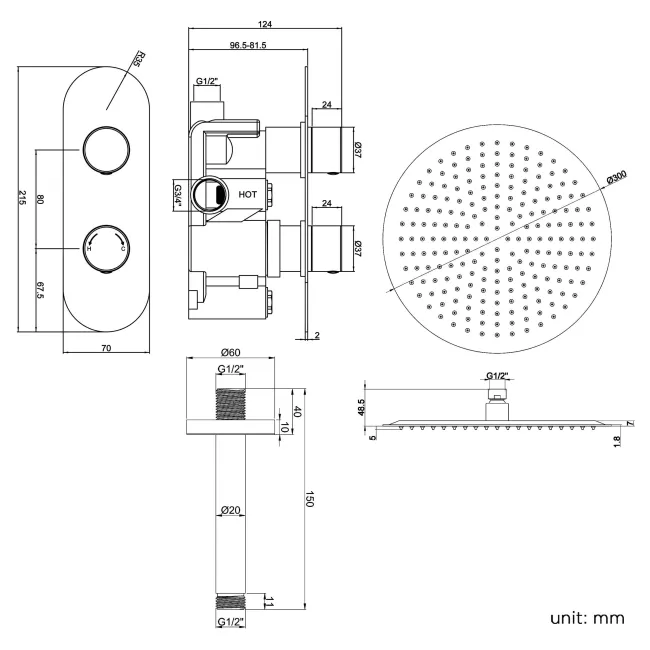 Ballina Premium Ceiling Chrome Round Thermostatic Shower Set - 300mm Head