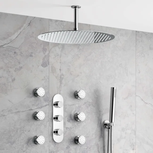 Ballina Premium Ceiling Chrome Round Thermostatic Set - 400mm Head, Hand Shower & Jets