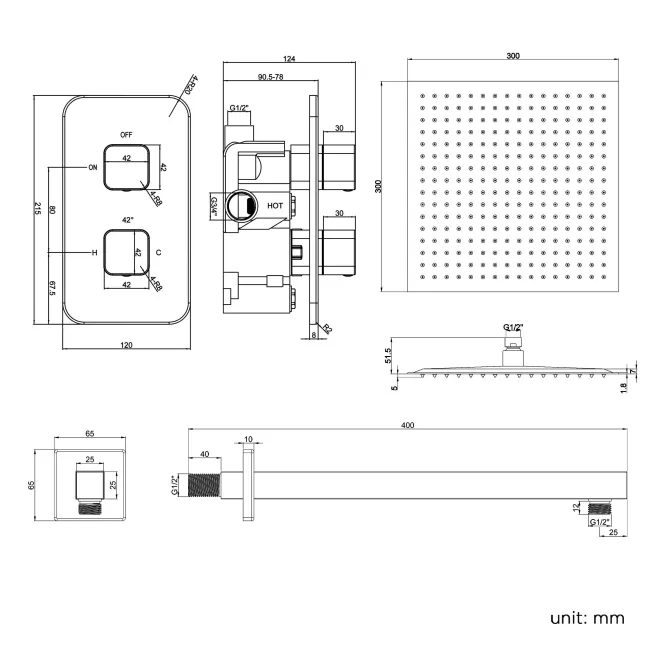 Galway Premium Chrome Square Thermostatic Shower Set - 300mm Head
