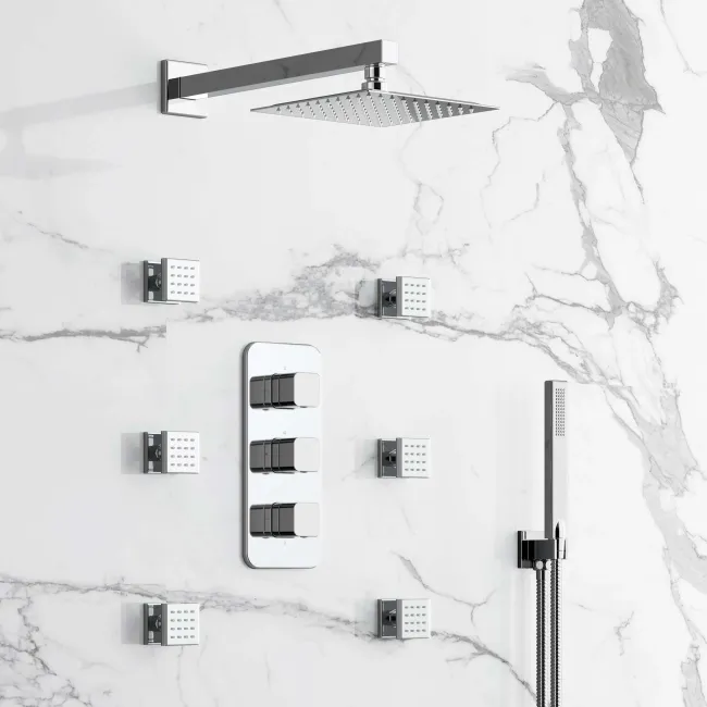 Galway Premium Chrome Square Thermostatic Set - 200mm Head, Hand Shower & Body Jets