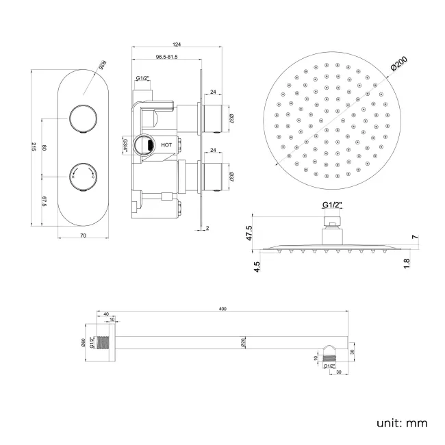 Ballina Premium Matt Black Round Thermostatic Shower Set - 200mm Head