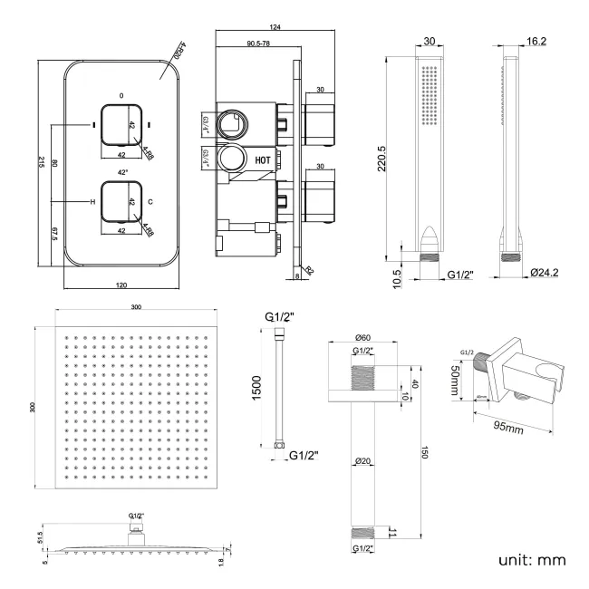 Galway Premium Ceiling Matt Black Square Thermostatic Shower Set - 300mm Head & Hand Shower