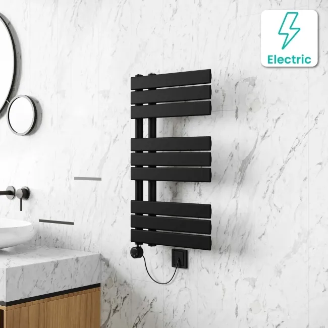 Seville Electric Matt Black Designer Flat Panel Heated Towel Rail 800x450mm