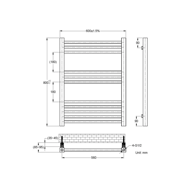 Valetta Electric Matt Black Square Heated Towel Rail 800x600mm