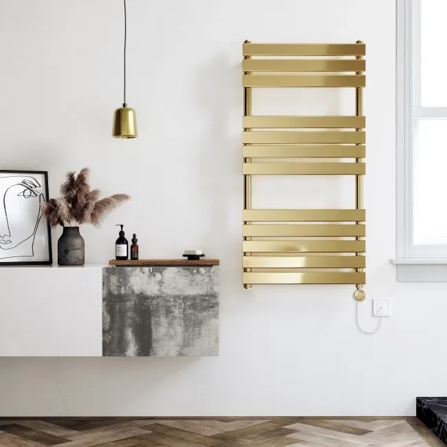 Santorini Electric Brushed Brass Flat Panel Heated Towel Rail 1200x600mm