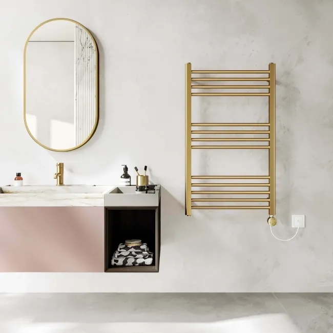 Barcelona Electric Brushed Brass Straight Heated Towel Rail 1000x600mm