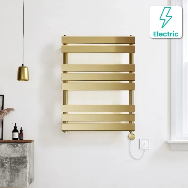 Santorini Electric Brushed Brass Flat Panel Heated Towel Rail 800x600mm