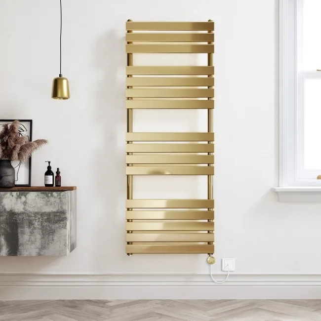 Santorini Electric Brushed Brass Flat Panel Heated Towel Rail 1600x600mm