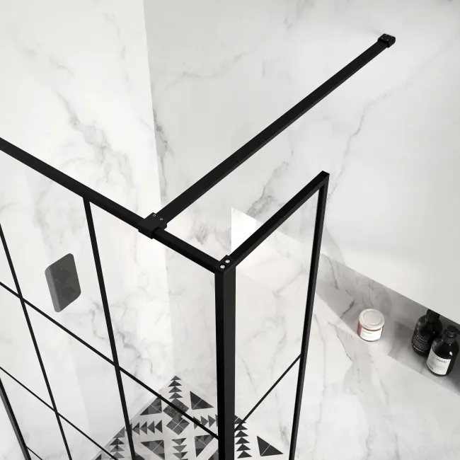 Munich Matt Black Grid 8mm Wet Room Shower Glass 1000mm & 250mm Return Panel