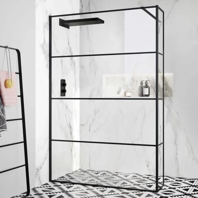 Munich Matt Black Grid 8mm Wet Room Shower Glass 1400mm & 250mm Return Panel