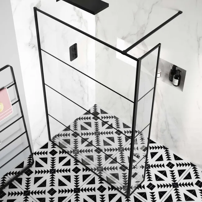 Munich Matt Black Grid 8mm Wet Room Shower Glass 1400mm & 250mm Return Panel