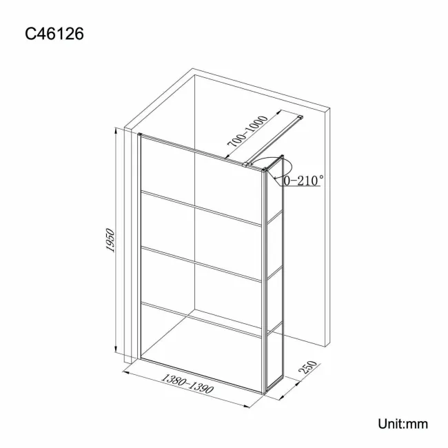 Munich Matt Black Grid 8mm Wet Room Shower Glass 1400mm & 250mm Pivotal Return Panel