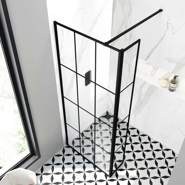 Munich Matt Black Grid 8mm Wet Room Shower Glass 700mm & 250mm Pivotal Return Panel