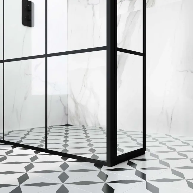Munich Matt Black Grid 8mm Wet Room Shower Glass 700mm & 250mm Pivotal Return Panel