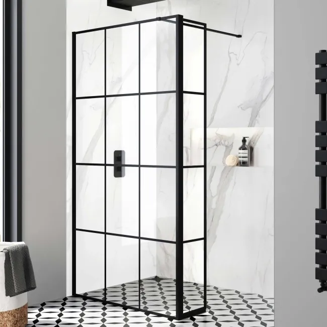 Munich Matt Black Grid 8mm Wet Room Shower Glass 1000mm & 250mm Pivotal Return Panel