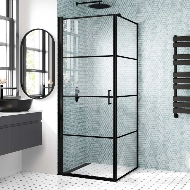 Toulon Matt Black Grid Easy Clean 6mm Pivot Shower Enclosure 800x800mm
