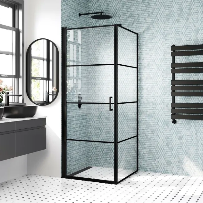 Toulon Matt Black Grid Easy Clean 6mm Pivot Shower Enclosure 800x800mm