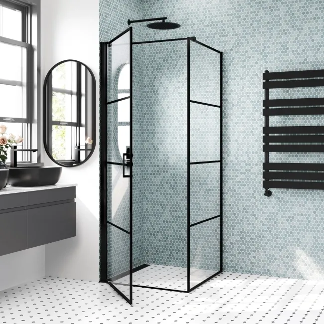 Toulon Matt Black Grid Easy Clean 6mm Pivot Shower Enclosure 800x800mm