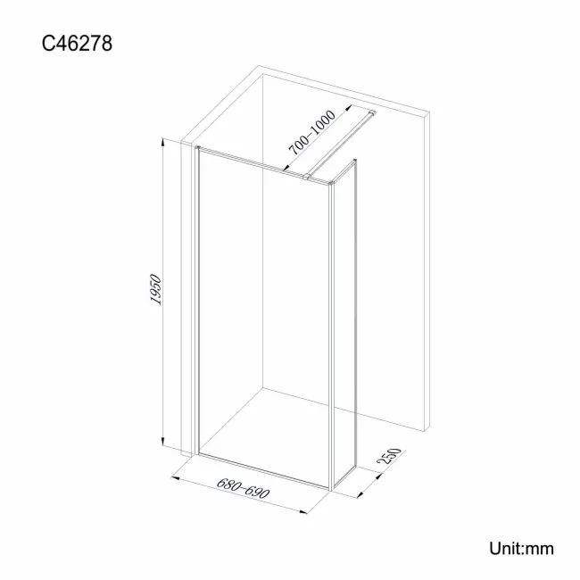Munich Matt Black Framed 8mm Wet Room Shower Glass 700mm & 250mm Return Panel