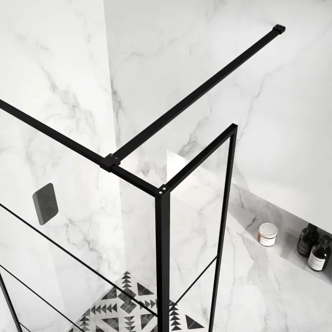 Munich Matt Black Grid 8mm Wet Room Shower Glass 1100mm & 250mm Return Panel