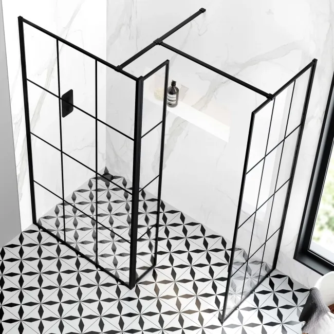 Munich Matt Black Grid 8mm Walk In Shower Enclosure 1100mm & 800mm Glass with Pivotal Return Panel