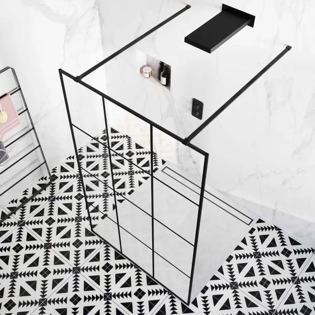 Munich Matt Black Grid 8mm Walk Through Wet Room Shower Glass Panel 1100mm