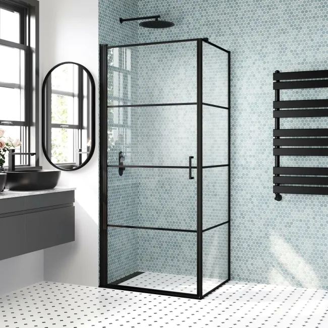 Toulon Matt Black Grid Easy Clean 6mm Pivot Shower Enclosure 900x700mm